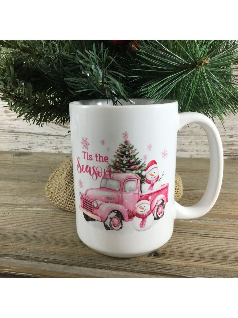Tis the Season Snowman Pink Truck 15 oz Ceramic Mug Pink Christmas